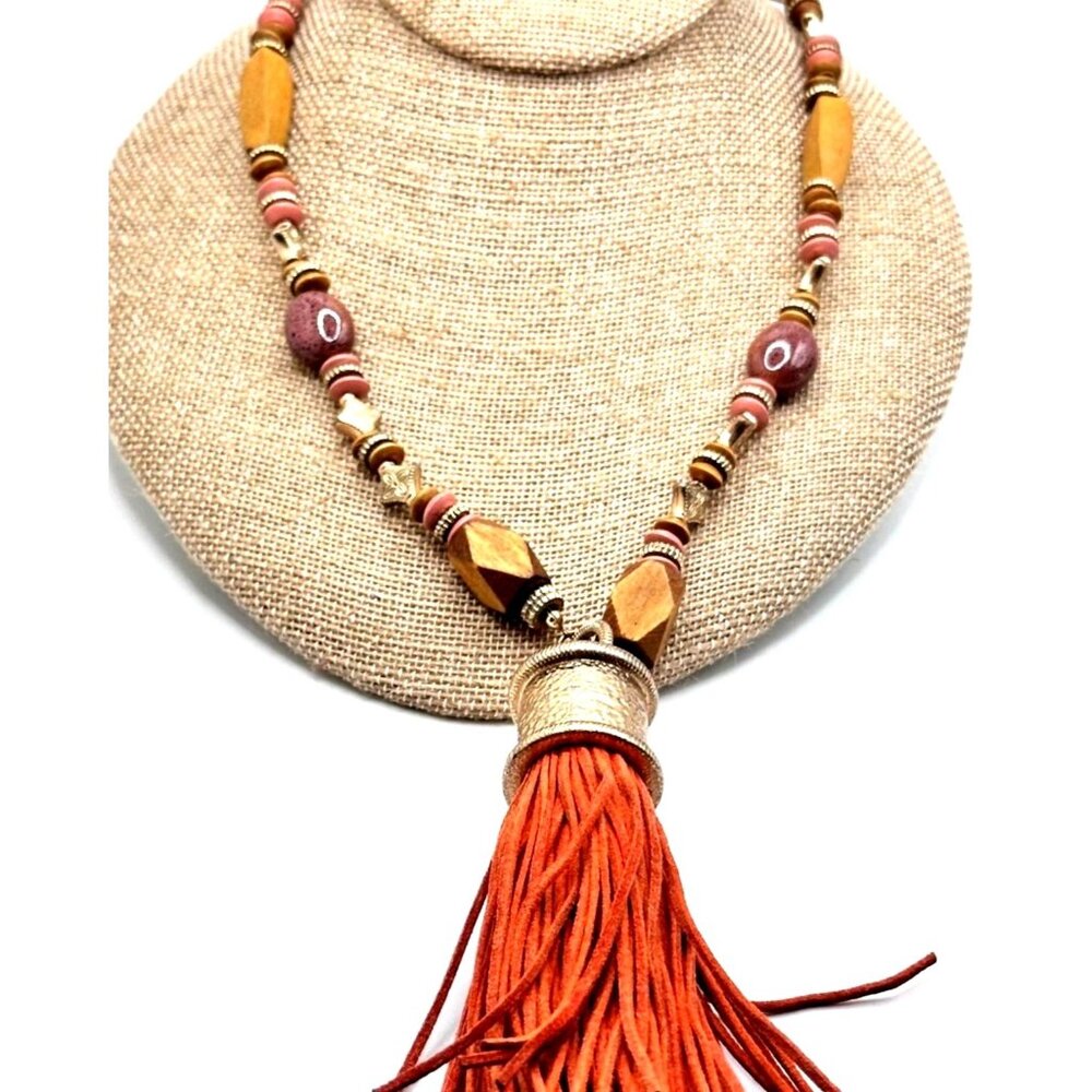 Eclectic Earthy Boho Necklace Suede Tassel Mixed Beads Island Resort Casual Chic